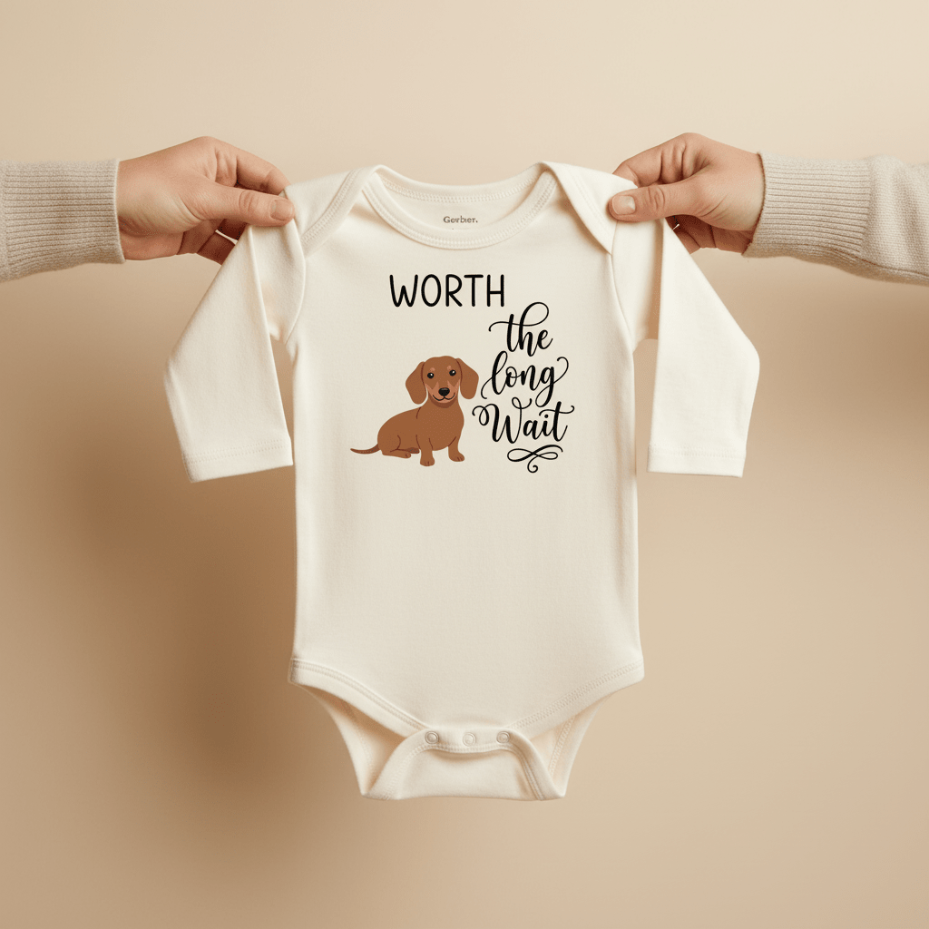 Two hands hold the Worth the Long Wait Onesie – Baby Announcement Bodysuit by Toodleroos, featuring a cute brown dachshund illustration and the phrase “Worth the long wait” in decorative script—an ideal choice for families joyfully welcoming their precious little one.