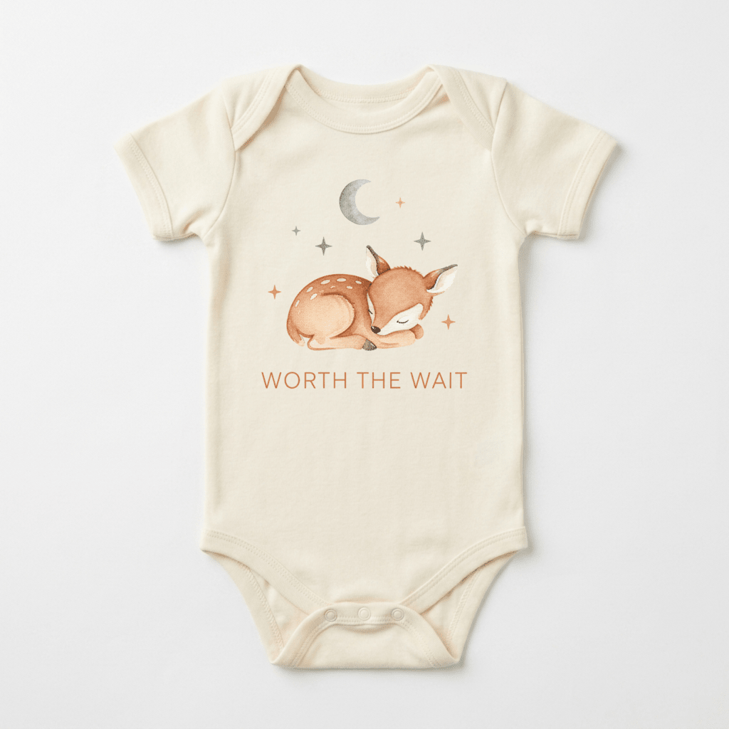 Dress your little one in the Worth the Wait Baby Onesie – Sleeping Deer Bodysuit from Toodleroos. This charming cream baby bodysuit features an illustration of a sleeping deer beneath a crescent moon and stars, with “WORTH THE WAIT” printed below. Thoughtfully designed to be gender-neutral, this woodland-themed onesie makes the perfect baby shower gift.