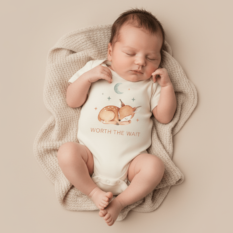A sleeping baby rests on a beige blanket, dressed in the Toodleroos Worth the Wait Baby Onesie – Sleeping Deer Bodysuit, which features an adorable illustration of a slumbering deer and the phrase “WORTH THE WAIT” underneath—a perfect gender-neutral baby bodysuit and thoughtful baby shower gift.