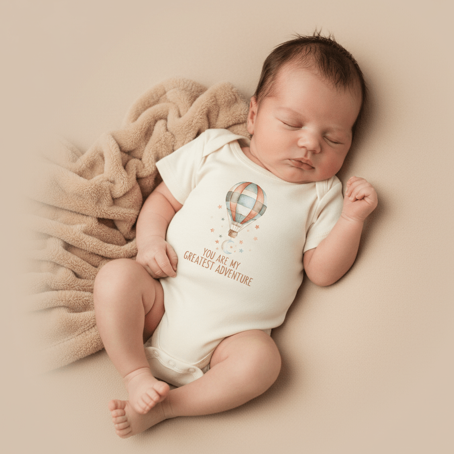 A sleeping baby in the Toodleroos “You Are My Greatest Adventure Baby Onesie – Hot Air Balloon,” featuring a charming adventure theme and sweet text, lies peacefully on a cozy beige blanket—the perfect new baby gift.
