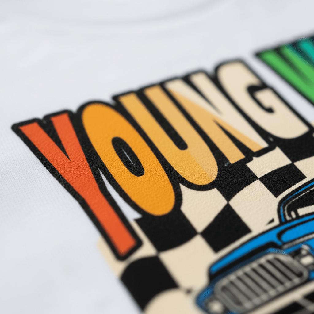 Close-up of a graphic design on fabric featuring the bold text YOUNG in gradient colors, a black-and-white checkered pattern, and part of a blue monster truck illustration on a white background—perfect for any Toodleroos Young Wild & Three Toddler Shirt – Monster Truck 3rd Birthday Tee.