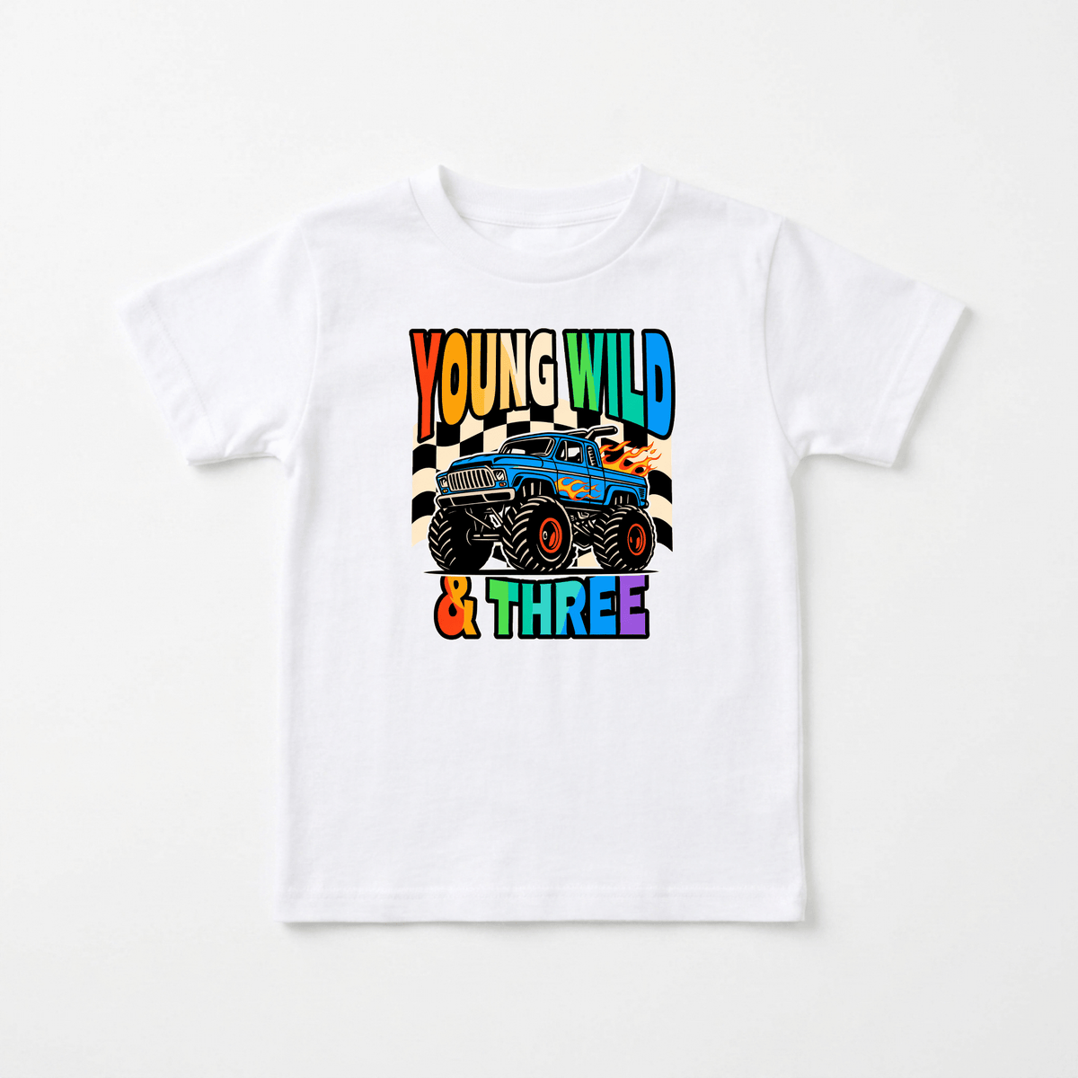 Celebrate your little one’s big day with the Toodleroos Young Wild & Three Toddler Shirt – Monster Truck 3rd Birthday Tee! This white kids t-shirt features a vibrant monster truck, checkered flags, and bold multicolored “Young Wild & Three” lettering—making it the perfect birthday shirt for a three-year-old who loves excitement and fun.