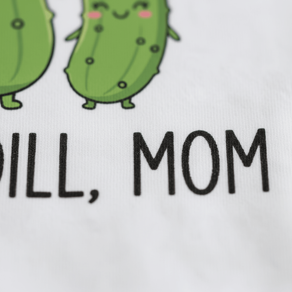 Featuring two smiling cartoon pickles with rosy cheeks above partially visible text that reads “DILL, MOM” on a white fabric background, the Toodleroos “You’re Kind of a Big Dill Mom Baby Onesie – Funny Pickle Bodysuit” makes a playful choice for a Mother’s Day baby outfit or an unforgettable baby shower gift.
