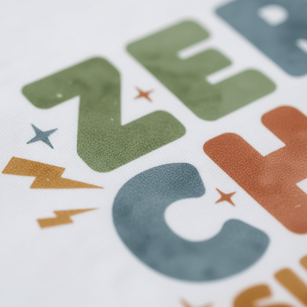 Close-up of bold, colorful “Z”, “E”, and “C” lettering on fabric from the Toodleroos Zero Chill Since Birth Toddler Shirt, featuring green, blue, and orange retro text with playful stars and a lightning bolt accent against a white background—perfect for a funny vintage-style toddler tee.